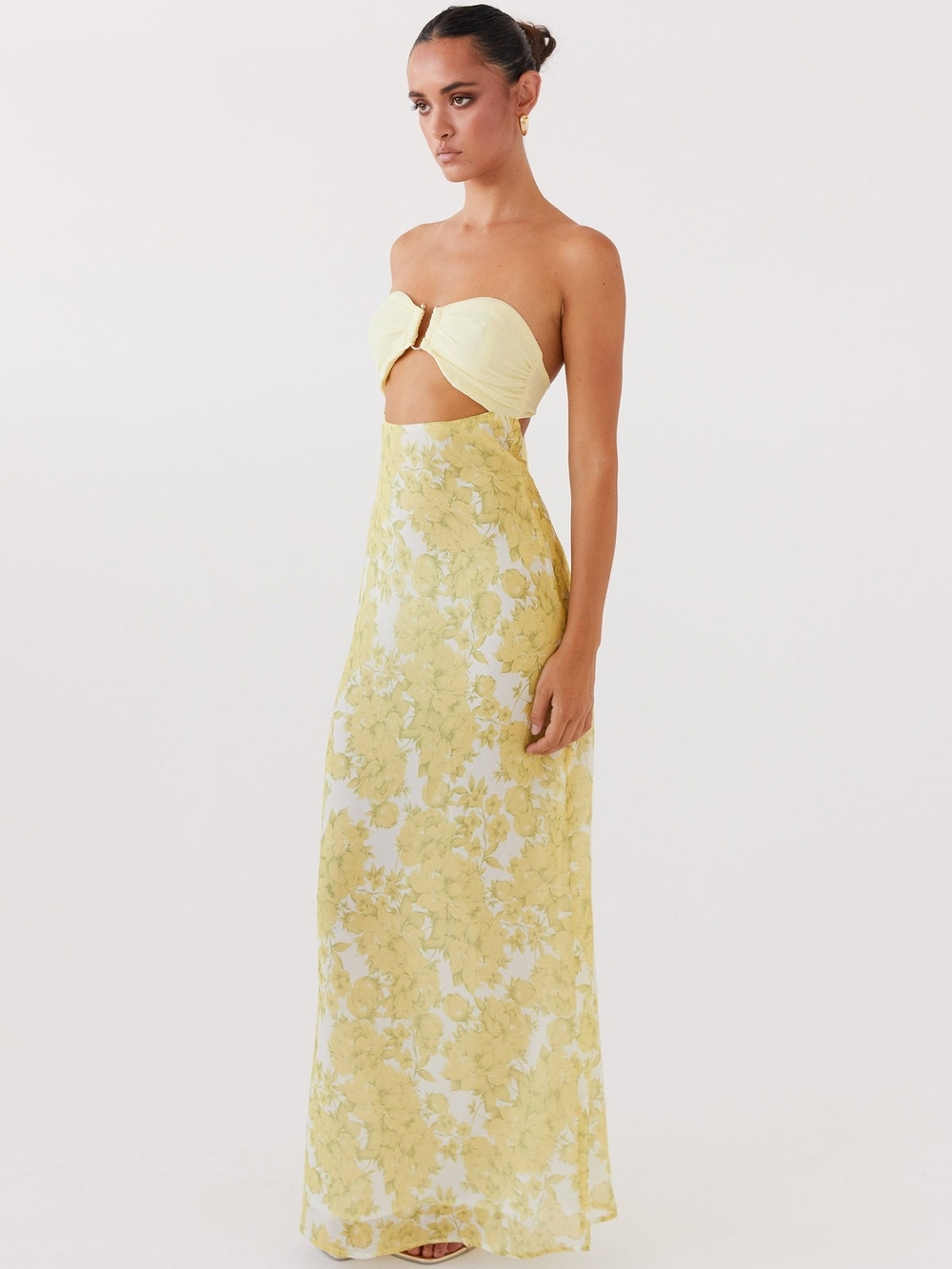 Peppermayo Pale Yellow Floral Strapless Cutout Maxi Dress - Picture 3 of 11